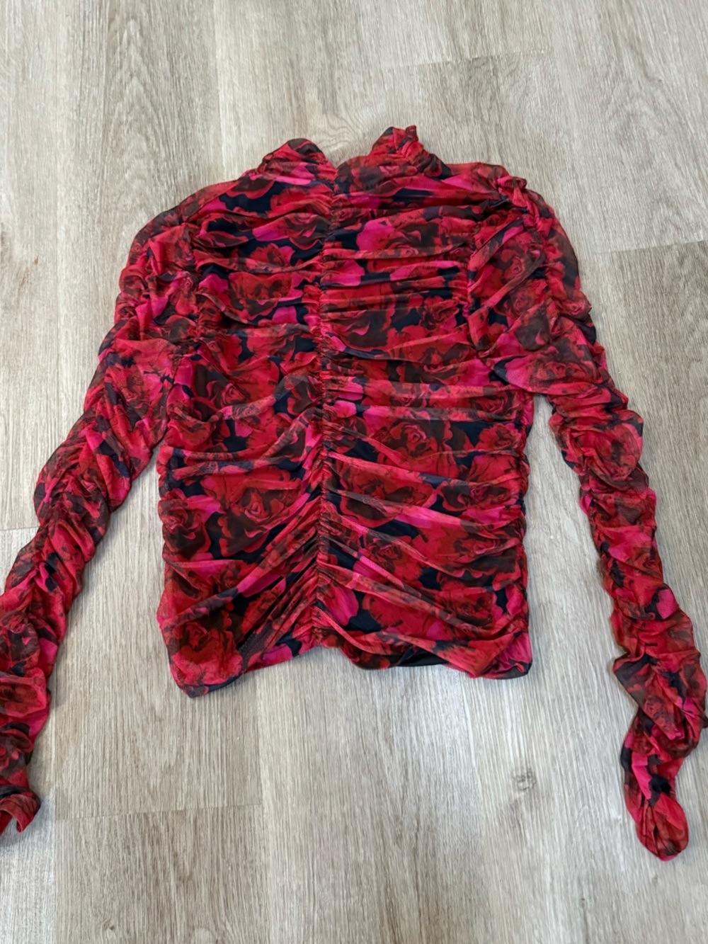 Christian Siriano Red and Black Floral Long-Sleeve Blouse